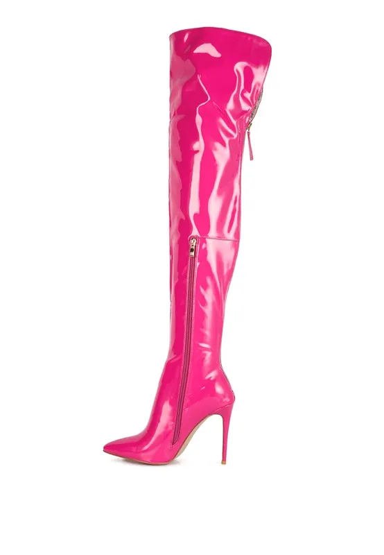 Eclectic Neon Pink Patent Leather Stiletto High Heel Boots