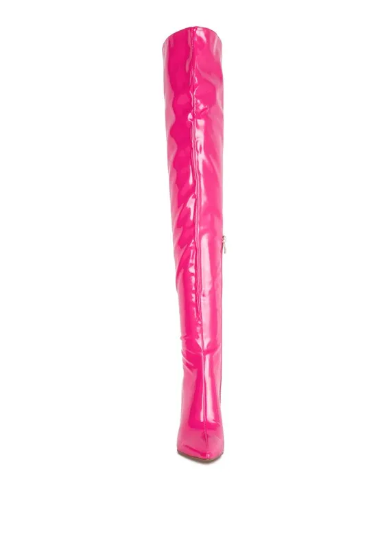 Eclectic Neon Pink Patent Leather Stiletto High Heel Boots