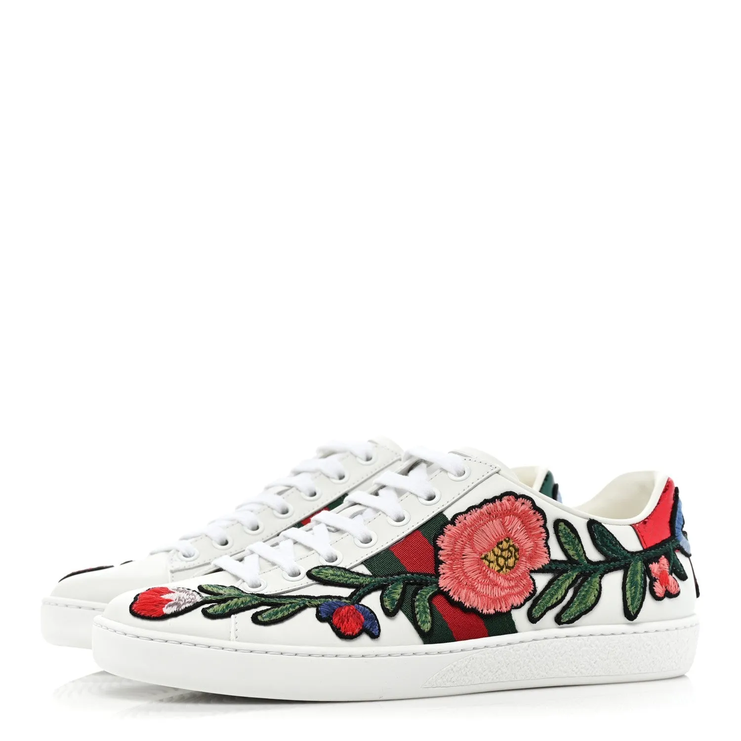 Gucci Calfskin Web Floral Embroidered Womens Ace Sneakers