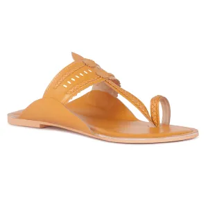 Handcrafted Mustard Cut Work Kolhapuri Flats