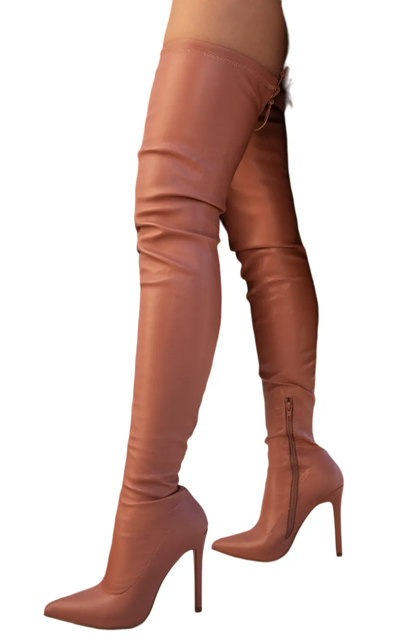 Liliana Rose Nude Pointy Thigh High Over-Knee Boots Stiletto Fashion Dress Boots