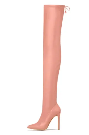 Liliana Rose Nude Pointy Thigh High Over-Knee Boots Stiletto Fashion Dress Boots