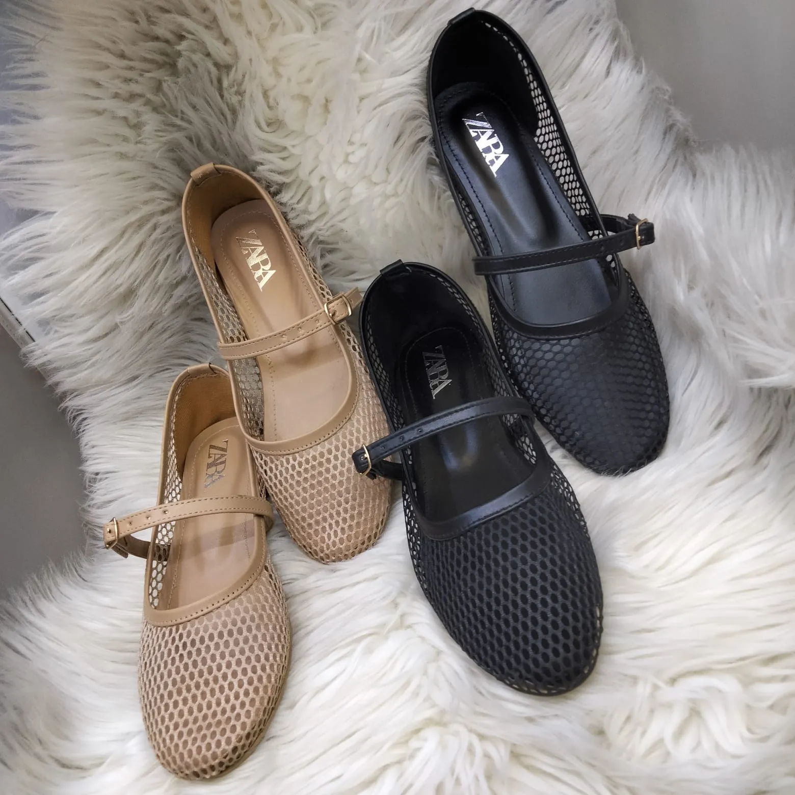 ZARA FISHNET BALLET FLAT PUMPS - BLACK