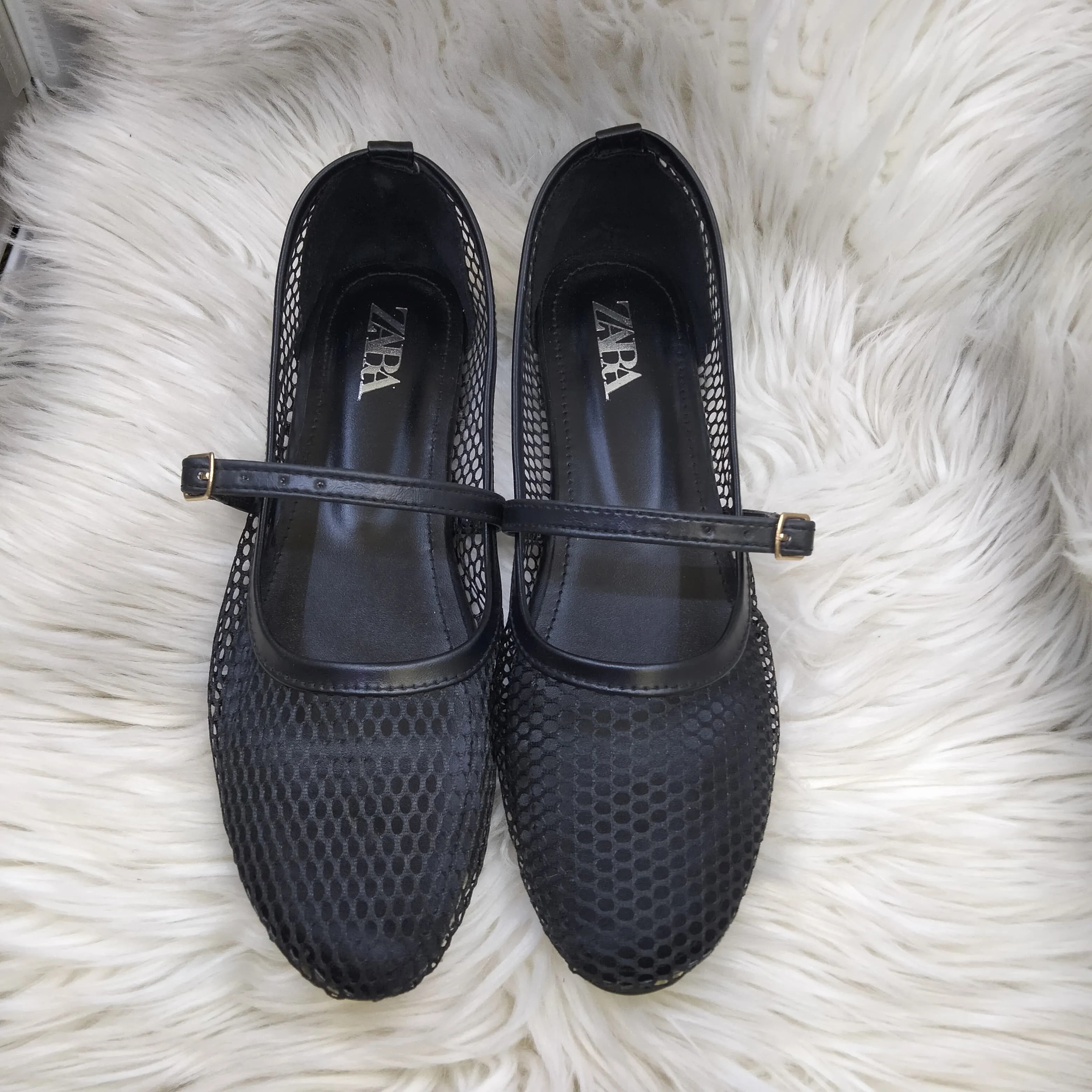 ZARA FISHNET BALLET FLAT PUMPS - BLACK