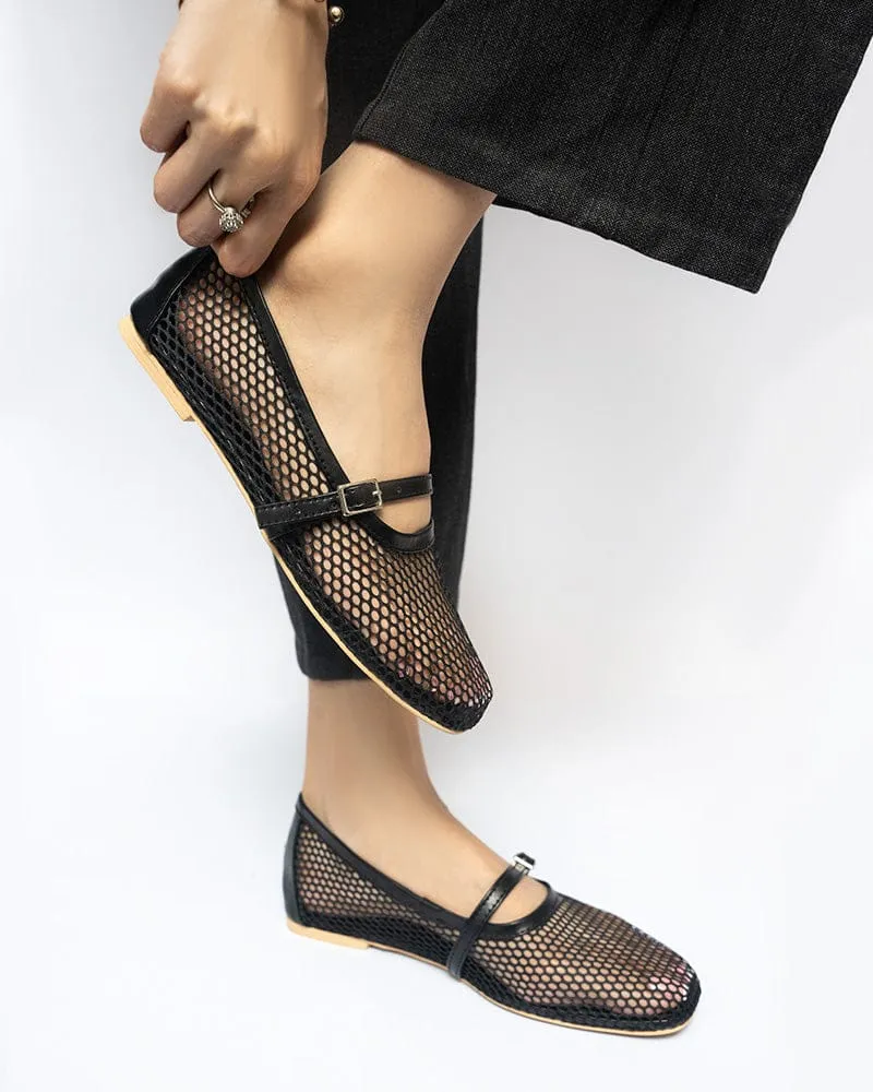 ZARA FISHNET BALLET FLAT PUMPS - BLACK