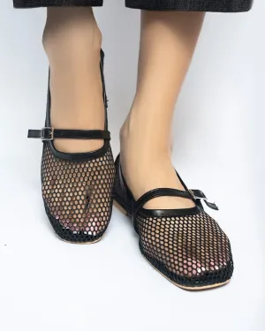ZARA FISHNET BALLET FLAT PUMPS - BLACK
