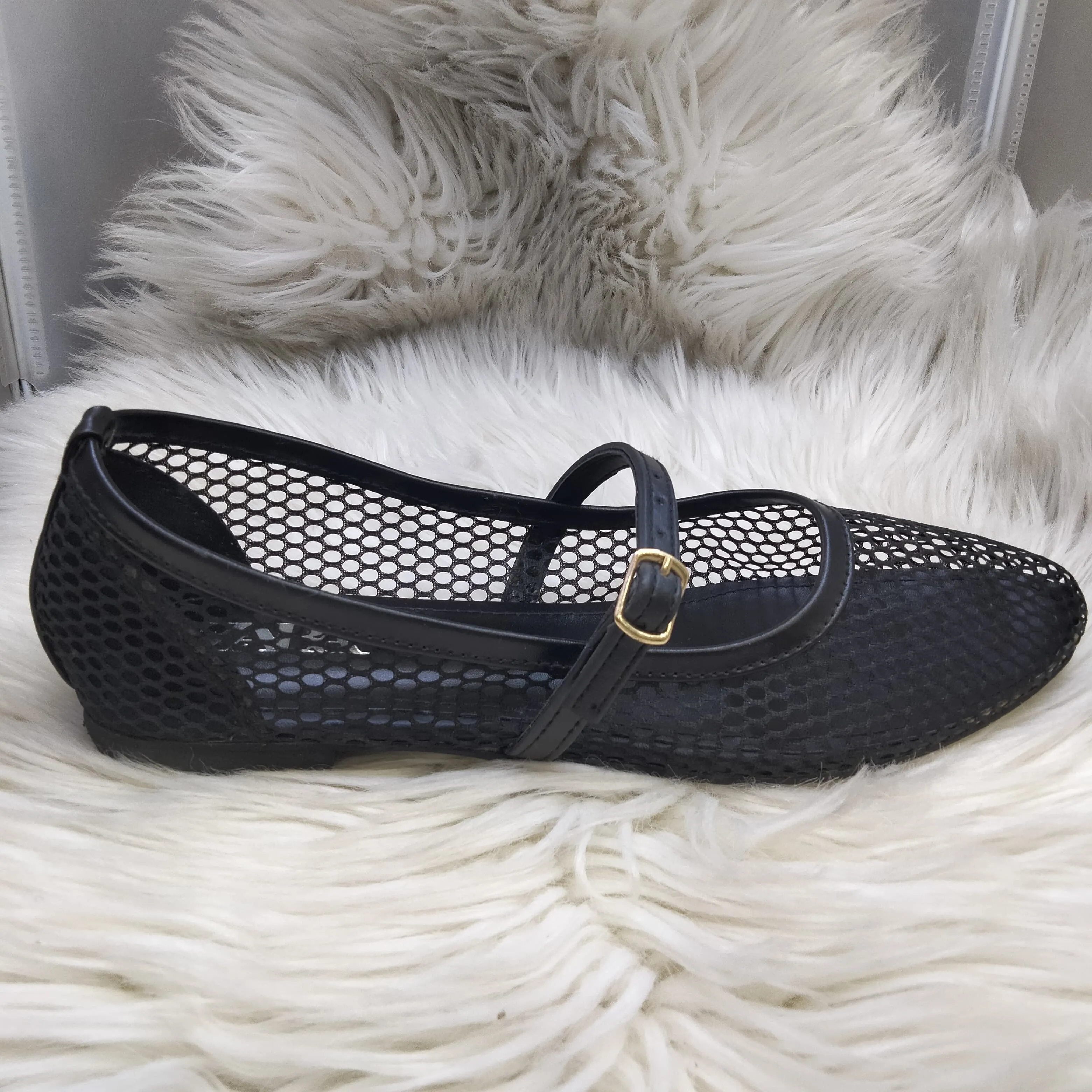 ZARA FISHNET BALLET FLAT PUMPS - BLACK