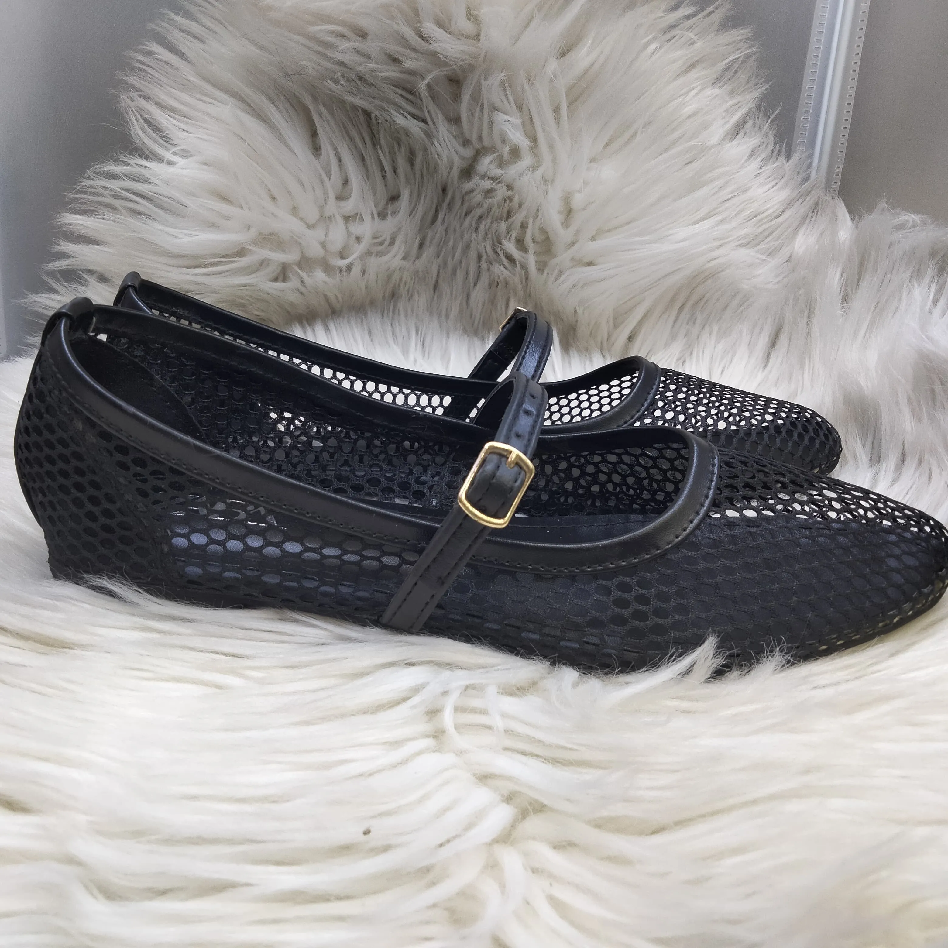 ZARA FISHNET BALLET FLAT PUMPS - BLACK